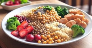 "Assiette de nourriture saine avec quinoa, pois chiches, fraises, brocoli, et saumon."