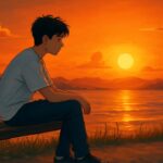 Jeune homme assis sur un banc, contemplant un coucher de soleil vibrant au-dessus d'un lac