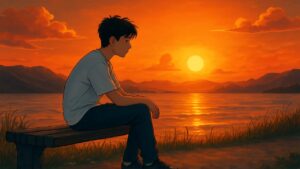 Jeune homme assis sur un banc, contemplant un coucher de soleil vibrant au-dessus d'un lac
